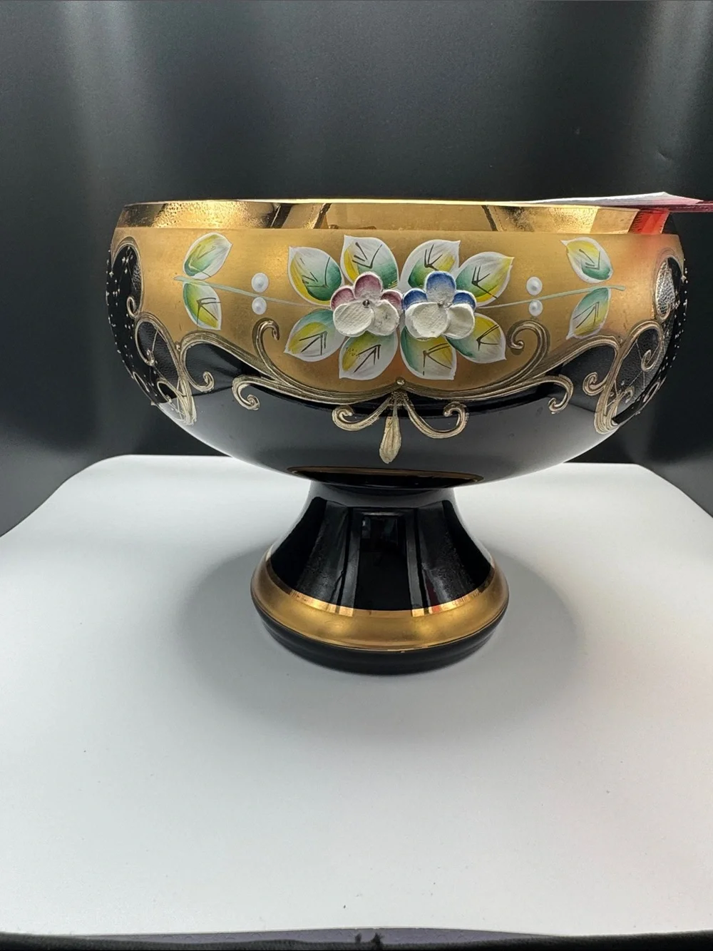 Hand-Painted Black and Gold Decorative Footed Bowl